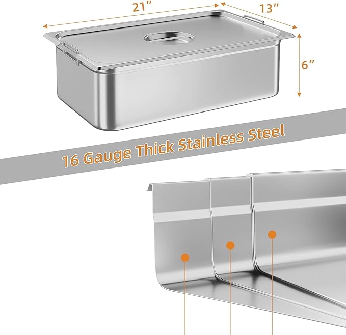 6 Pack Full Size Hotel Pan Commercial Catering Hotel Pan [NSF Certified][with Handle &amp Lid] Commercial Stainless Steel 6 Inch Deep Anti-Jamming Steam Table Pan