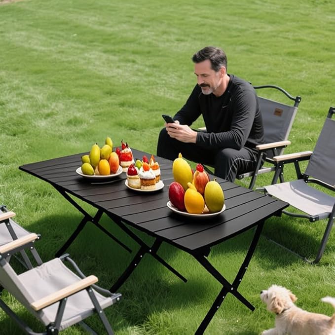 Portable Low Alluminum Roll Up Travel Folding Table for Beach Camping &amp Picnic – Compact Lightweight Multi-Purpose for Indoor &amp Outdoor Use (Black)