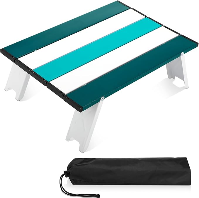 Beach Table Folding Camping Portable Table Striped White Aluminum Side with Carry Bag for Camping Picnics and Outdoor Activities(16x11x5 inCyan Green)
