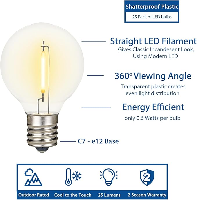 Novelty Lights 50 Feet G40 LED Patio String Light Set with 50 Bulbs Warm White Weather Resistant and Shatterproof Replaceable Plastic Globe Bulbs White Wire