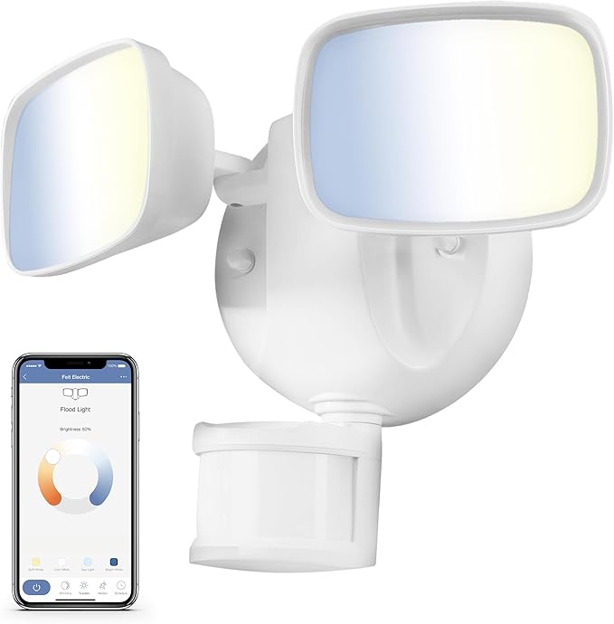 Feit Electric Smart Outdoor Flood Lights with Motion Sensor 28W LED WiFi Security Light with Dusk to Dawn Compatible with Alexa and Hey Google Tunable White 2 Head Hardwired S9DFL/CCT/MOT/WH/AG