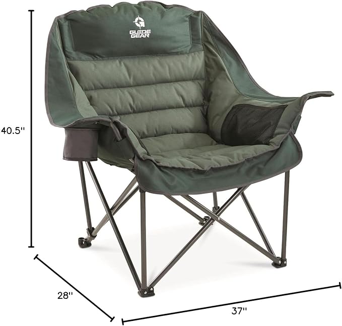Guide Gear Oversized Extra Large Padded Camping Chair Portable Folding Large Camp Lounge Beach Chairs for Outdoor Adults Men and Women Heavy-Duty 400 Pound Capacity with Cup Holder Green
