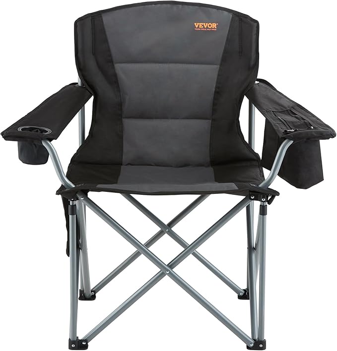 VEVOR Oversized Camping Folding Chair Portable Heavy Duty Outdoor Quad Lumbar Back Padded with Side Pockets Cup Holder and Cooler Bag for Beach Lawn Picnic Fishing Backpacking Black