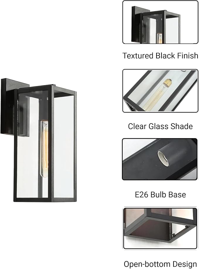 LALUZ Black Outdoor Wall Lights Modern Farmhouse Outdoor Light Fixture Wall Mount with Clear Glass Waterproof Rectangular Exterior Outdoor Sconce Wall Lantern Lights for House Porch Patio Garage