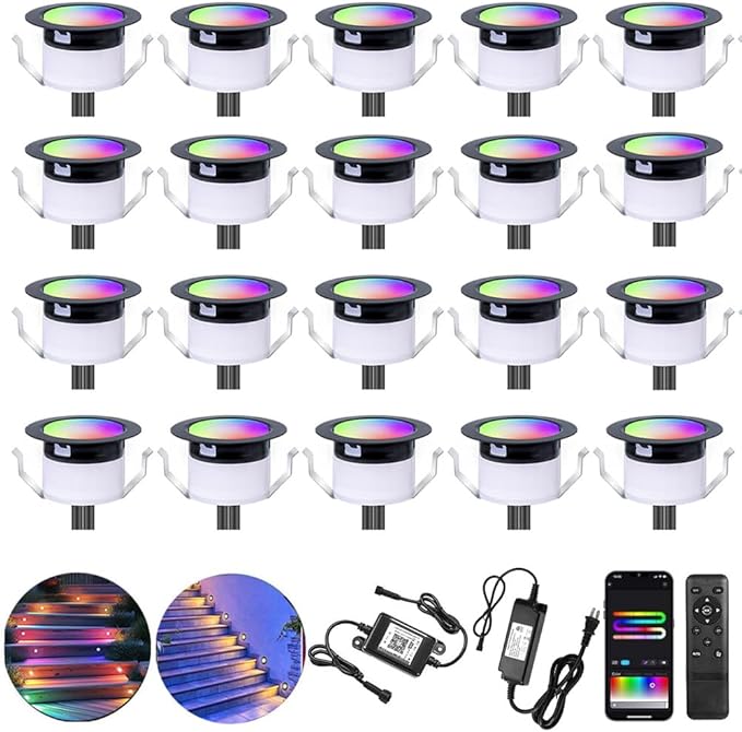 Sumaote LED Deck Lights Kit Multicolor 20Pack 1.22 Smart RGBW+IC Recessed Low Voltage Deck Light IP67 Waterproof 12V Step Lights Outdoor for Garden Yard Path Landscape Decor