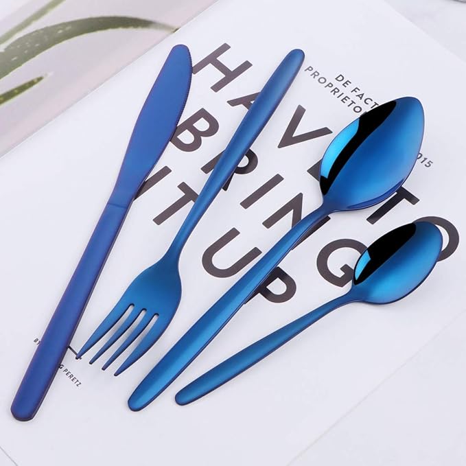Blue Silverware Set BuyGo 24-Piece Stainless Steel Camping Flatware Dinnerware Set for 6 Hand Polish Dishwasher Safe