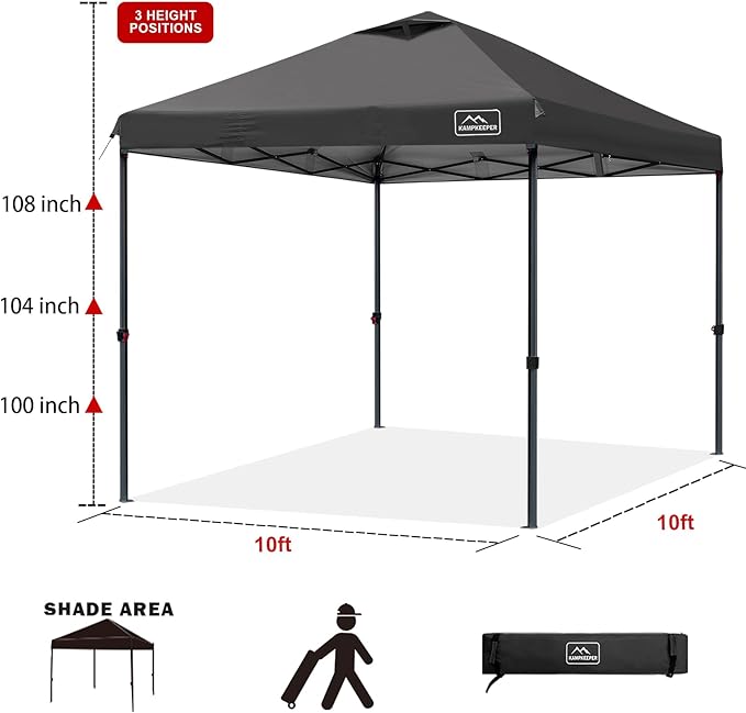 KAMPKEEPER One Person Setup 10x10 Pop up Canopy Tent Instant Portable Canopy One Push Outdoor Canopy with 3 Adjustable Heights Wheeled Carry Bag Bonus 8 Stakes and 4 Ropes(Black)
