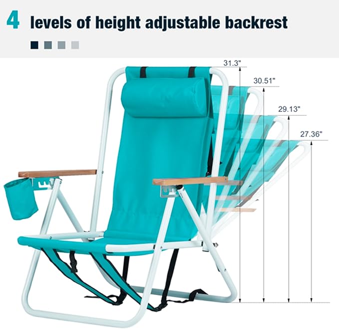 1Pcs Folding Beach Chair Set for Adults4 Position Portable Backpack Foldable Camping Chair with Headrest Cup Holder and Wooden ArmrestsAdjustable high Beach Lounge Chairs for Outdoor (1PcsLightBlue)