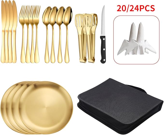Camping Mess Kits with Portable Case Stainless Steel Outdoor Picnic Dinnerware Set with Plate Spoon Fork Knife Cloth Napkins