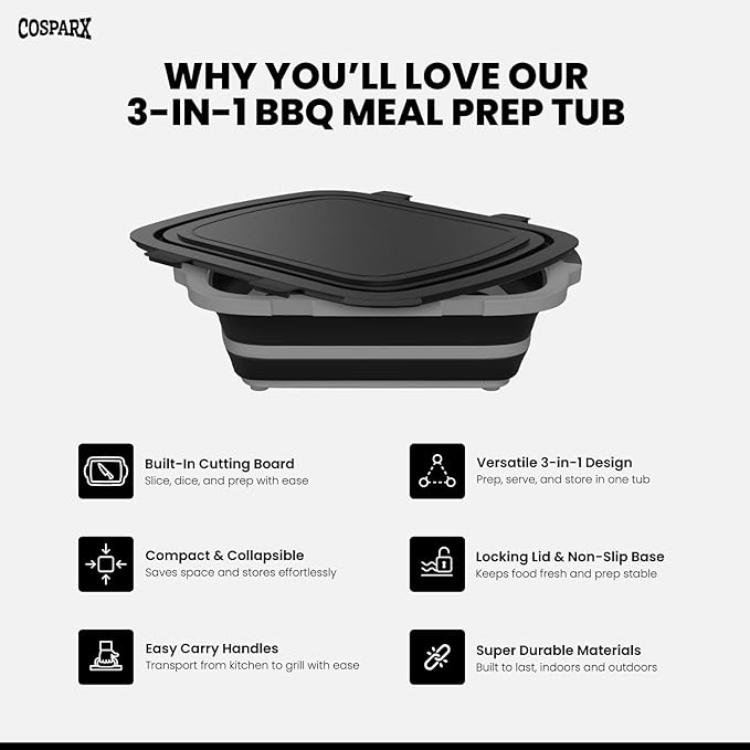 XL Collapsible BBQ Prep Tub with Cutting Board &amp Drain Plug – Portable Food Prep Station for Kitchen Camping &amp Grill – Dishwasher Safe Space-Saving Design – Heat-Resistant Glove Included (Bl