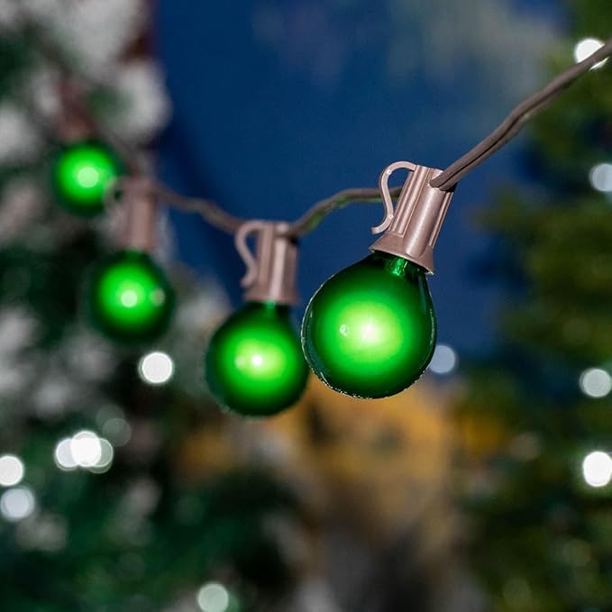 25 Foot G50 Outdoor Patio String Lights with 25 Green Globe Bulbs – Indoor Outdoor String Lights – Market Bistro Café Hanging String Lights – C9/E17 Base - Brown Wire