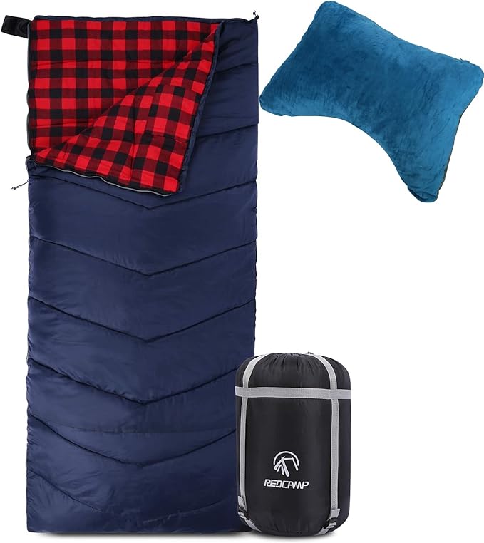 REDCAMP Cotton Flannel Sleeping Bag for Adults XL 32/41/50F Comfortable Envelope Sleeping Bag with Compression Sack Red Plaid 2lbs+Memory Camping Pillow Lightweight with Removable Pillow Cover