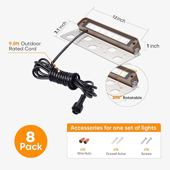 8-Pack 12 Inch 5CCT Retaining Wall Lights 4W LED Hardscape Lighting LED Landscape Lighting 12V-15V Low Voltage Outdoor Step Lights Paver Lights 2200K/2700K/3000K/4000K/5000K Selectable ETL