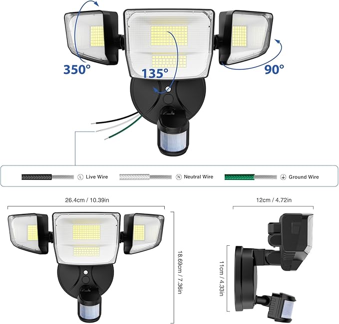 Onforu 90W 10000LM LED Motion Sensor Outdoor Lights 4-Head Dusk to Dawn Outdoor Lighting Hardwired Flood Lights IP66 Waterproof 6500K Security Floodlight for Outside (Black)