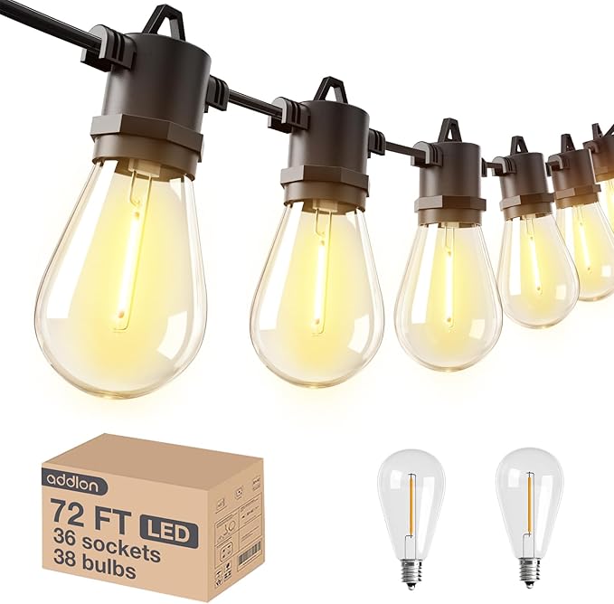 addlon 72FT(2FT Space) LED Outdoor String Lights with 36 Edison Shatterproof Bulbs Heavy-Duty and Weatherproof Strand Commercial Grade Patio Lights Decorative for Patio Black