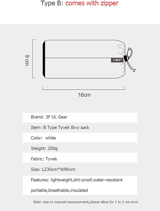 Sleeping Bag Liner 3F UL GEAR Tyvek Sleeping Bag Cover Liner Waterproof Bivy Bag Camping Bags Ventilate Moisture-Proof Warming Every Dirty Inner Liner BIVY Sack (B Type)
