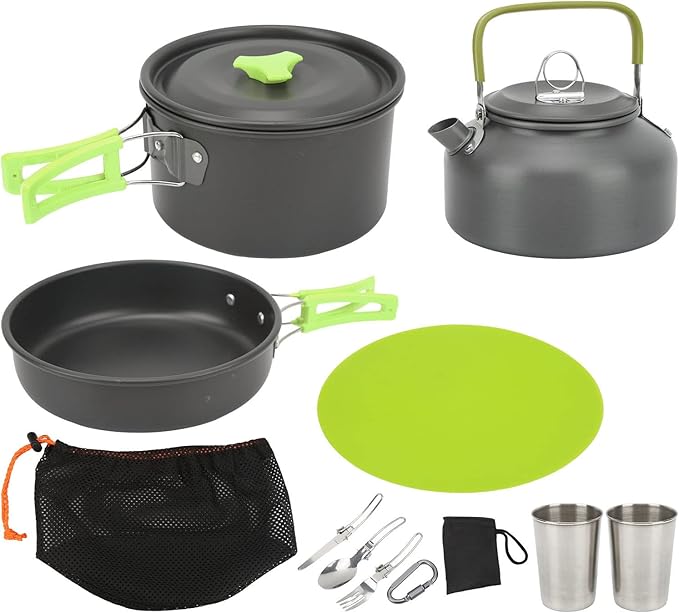 Camping Cookware Mess Kit Portable Set Hard Oxidized Aluminum Lightweight Black - Non Stick Surface Folding Utensils Ideal for Backpacking and Outdoor Cooking