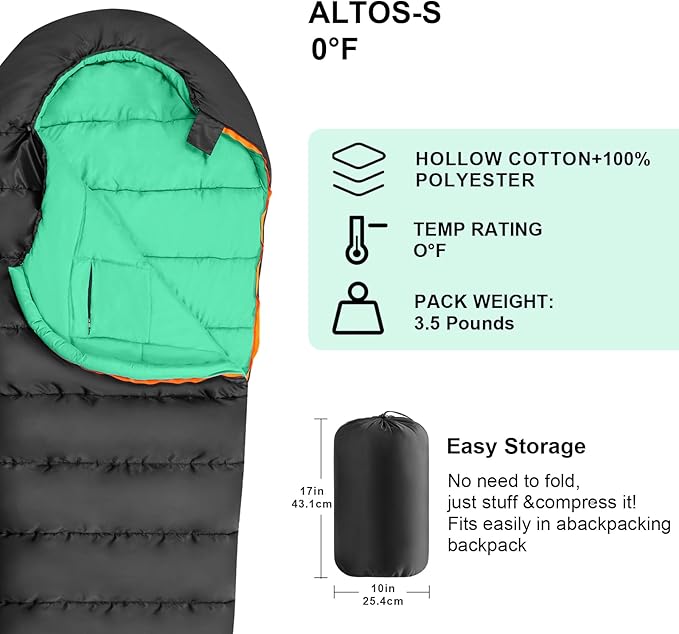 KAMPKEEPER Mummy Sleeping Bag Cold Weather Camping Sleeping Bag 32℉ 3-4 Seasons Adults Sleeping Bag Non-Snag Zipper with Adjustable Hood for Backpacking Hiking