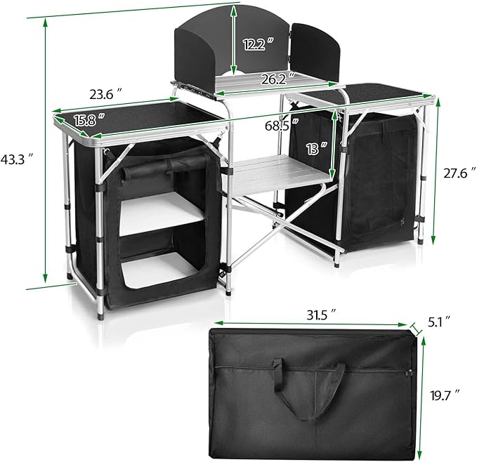 CampLand Folding Camping Kitchen Table with WindscreenPortable Outdoor Cooking Station with Storage Cabinet &amp Side Tables Heavy Duty Camp Cook Station for Camping &amp BBQ (Black2cabinet)