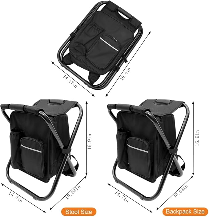 Portable Folding Camping Stool Backpack with Cooler Bag Hiking Seat Outdoor Fishing Hunting Gifts Black