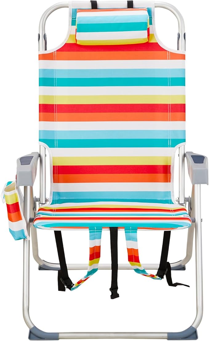 Bonnlo Folding Patio Chair with Headrest &amp Storage Pouch Lightweight Aluminum Frame Supports 220 lbs/100 kg Portable for Travel Lawn Poolside Camping Beach(Colorful Stripes)