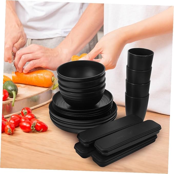 Black 20pcs Dinnerware Set for 4 Includes Bowl Plate Cup Fork Spoon Knife Sturdy Camping Cutlery Utensils for Picnic and Outdoor Dining