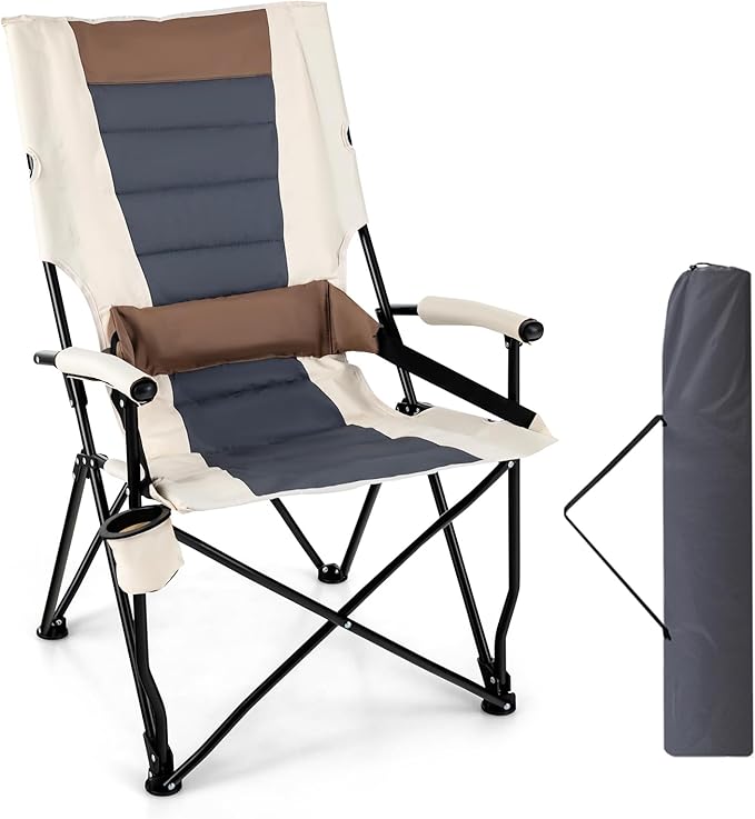 Tangkula Folding Camping Chair Portable Lightweight Camp Chair with Lumbar Support Padded Seat Carrying Bag Cup Holder Outdoor Lawn Chair for Yard Fishing Travel No Assembly Needed