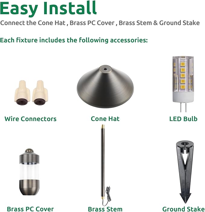 DOSHINE® Solid Brass Low Voltage Landscape Lighting Pathway Lights (7 Shade 22 Tall) with Replaceable 3W G4 LED Bulb 3000K AC/DC 12V and Ground Stake for Outdoor Walkway Driveway (UMB4-Pack)
