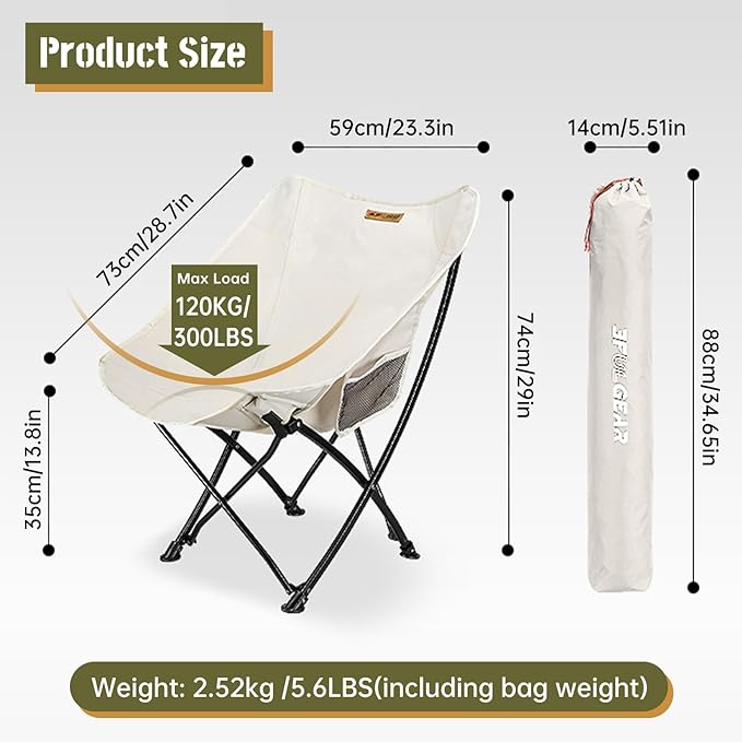 Portable Camping Chair for Adults Foldable Outdoor Chairs 300LBS Support with Side Pocket Ultralight Camp Seats for Camping Beach Sports Events Backyard