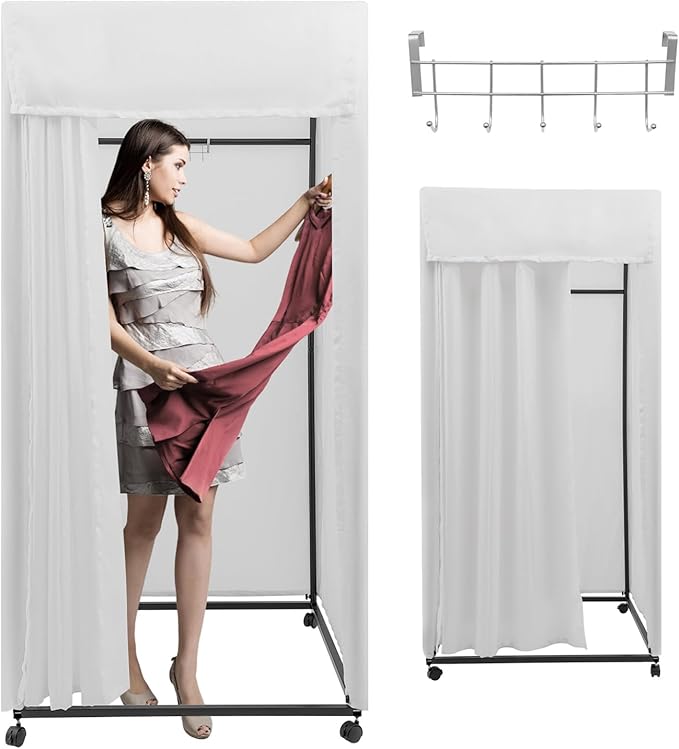 Clothing Store Fitting Room 39×39×78 inch Clothing Store Fitting Room with Shading Curtain Portable Temporary Mobile 95% Privacy Protection Dressing Room with Castors &amp Hanger (White)