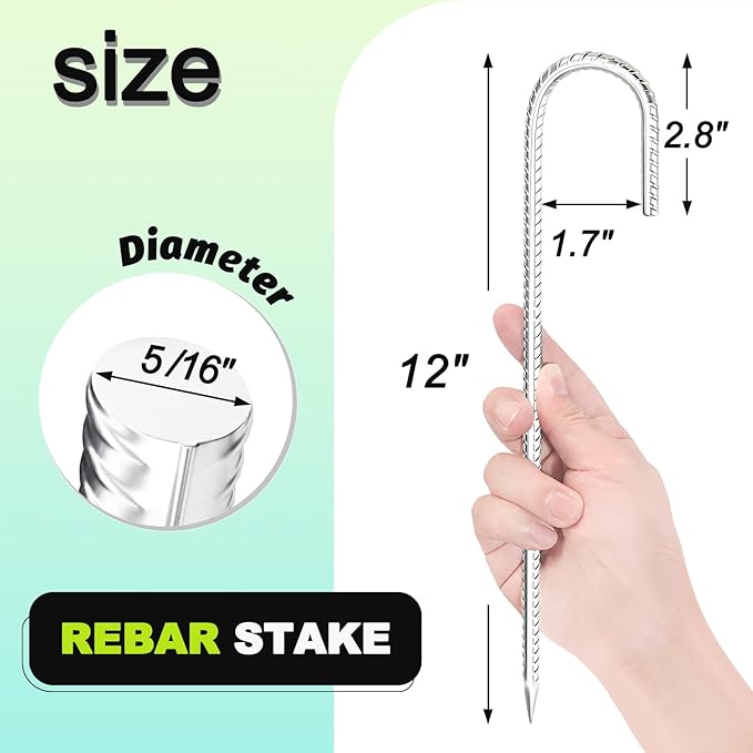 Kadrick Rebar Stakes 12 inchJ Hook Ground Stakes Anchors 32-Pack White Galvanized Fence StakesHeavy Duty 5/16'' Diameter