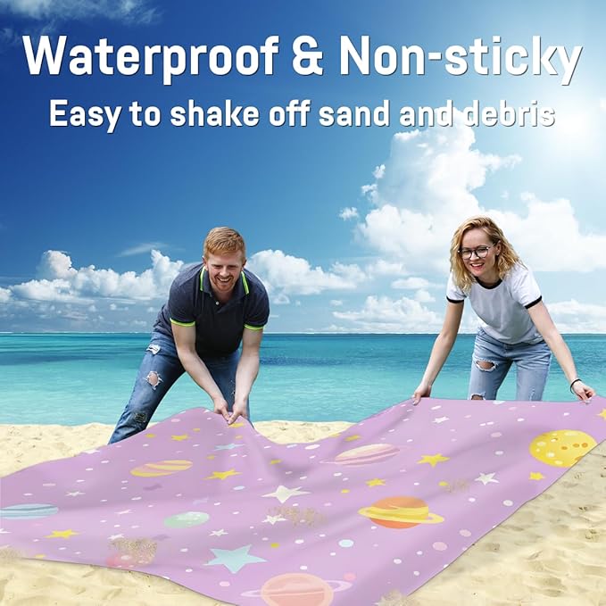 Waterproof Sandproof Beach Blanket 59''×68'' Romantic Starry Night Polyester Outdoor Picnic Blanket with 4 Stakes &amp Storage Bag for BeachCampingVacation Light Purple