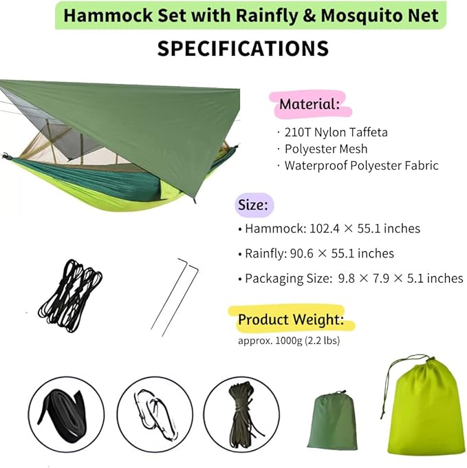 Double Camping Hammock with Mosquito Net and Rain Fly – Lightweight 3-in-1 Tent Setup for Outdoor Hiking Travel Patio &amp Backpacking – Portable Hammock for Adults with Tree Straps &amp Bug Net