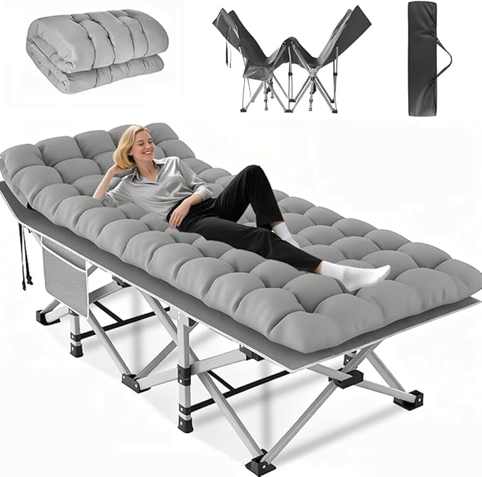 1200D Oxford Canvas Folding Camping Bed Adult Soft Foam Mat and Carrying Bag - Double Deck PortableOutdoor Folding Chair with MattressCamping Equipment (Grey-660(with Disposable Sheet))