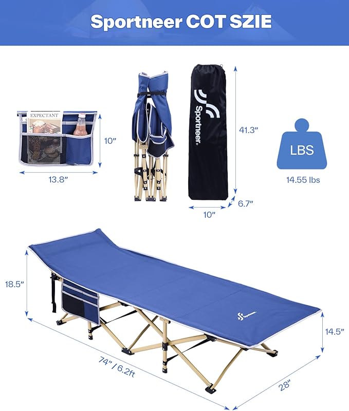 Sportneer Camping Cot: 1200D Double Layer Oxford Camping Cots for Adults - Heavy-Duty Foldable Cots for Camping Travel Tent Day Outdoor &amp Home Guest Camping Cots with Mattress Carry Bag &amp 2 P