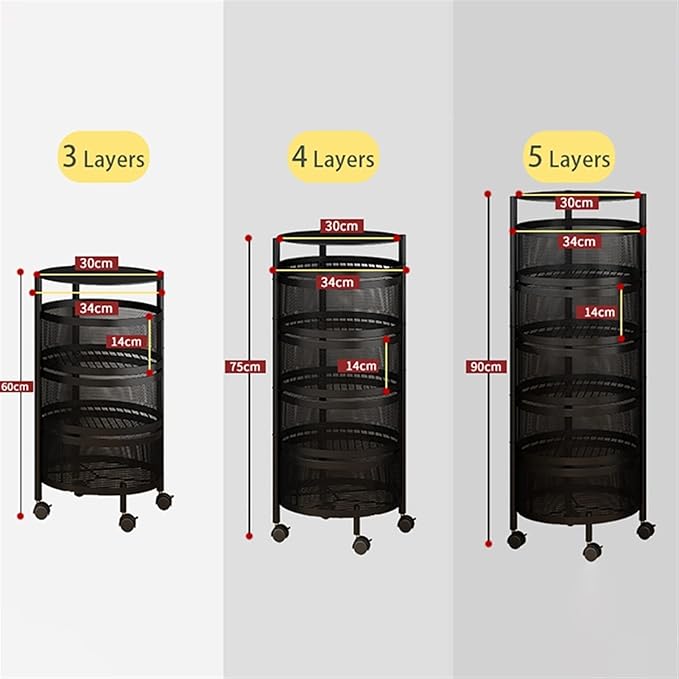 JITUIHOM Kitchen Rack Round Rotating Multi-Layer Kitchen Storage Rack Fruit and Vegetable Basket Floor-to-Ceiling(BlackSmall)
