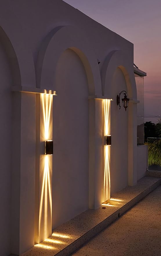 Bofea-Outdoor Waterproof Wall Sconce Black Aluminum Construction with Dual Up/Down LED Lights Black Wall Sconces Outside Wall Lights Ideal for Patio Garden and Porch Lighting(Three Beams Up And Down)