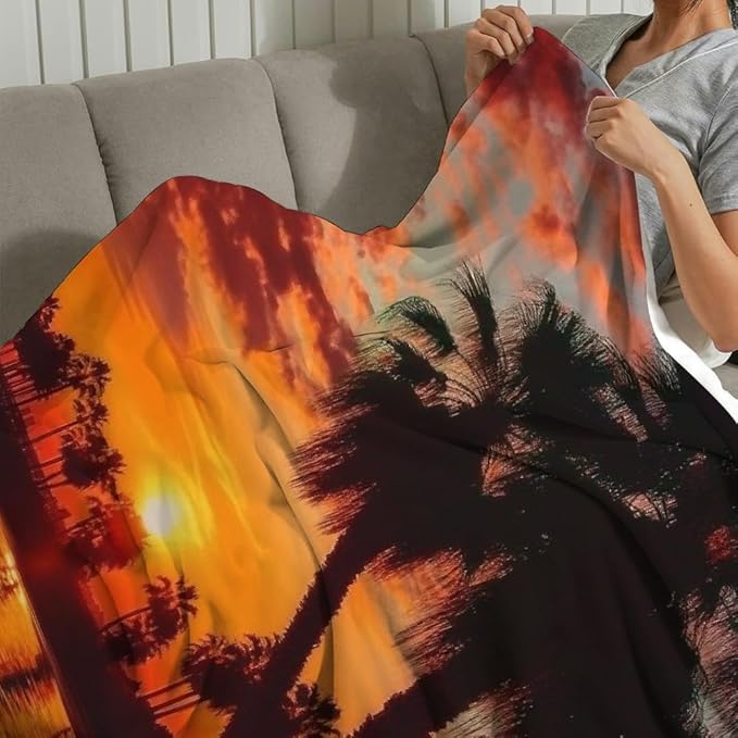 Sunset Palm Trees Water Flannel Blanket Soft Cozy Multifunctional Blanket for Sofa Travel Camping All Season Use 50x60in