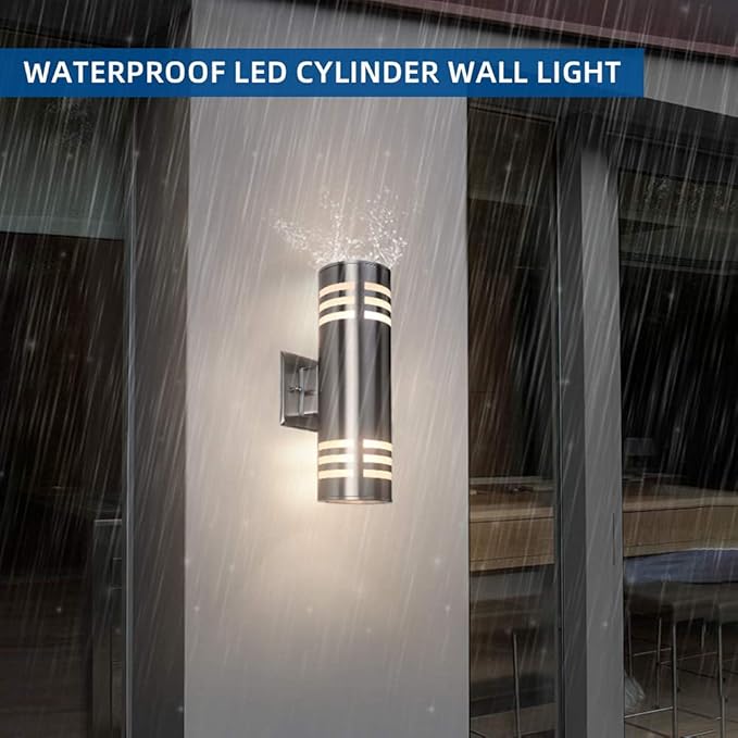 Outdoor Wall SconceCylinder Porch Wall Light with Stainless Steel 304 and Toughened GlassWaterproof Up Down Light for Garden Patio Bedroom Living Room (Silver13 HeightNo Bulbs)