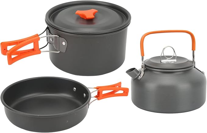 Camping Cookware Mess Kit Portable Set Hard Oxidized Aluminum Lightweight Black - Non Stick Surface Folding Utensils Ideal for Backpacking and Outdoor Cooking
