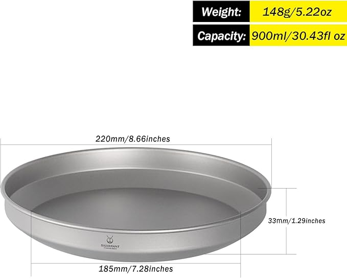 SILVERANT Titanium Trek Plate - Ultralight Durable Camping Dish Pan Plate - Outdoor Kitchen Essential for Backpacking &amp Camping - 900ml
