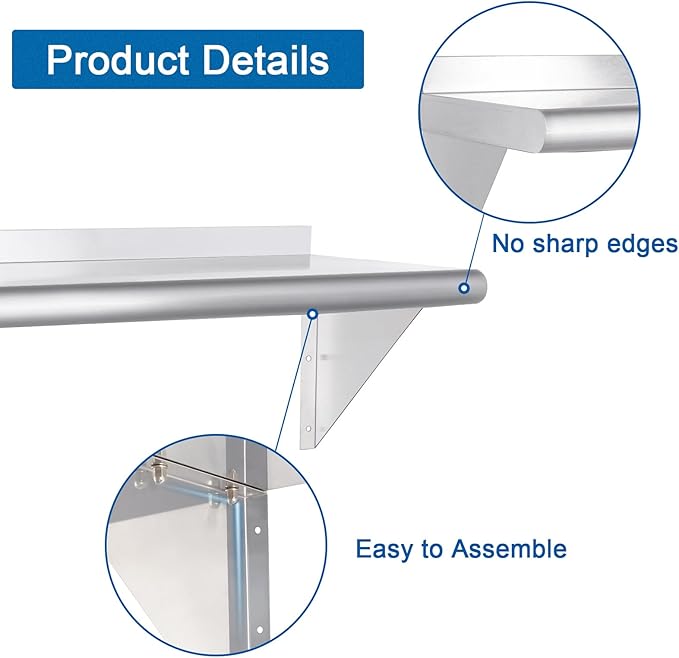 HARDURA Stainless Steel Shelf 14 x 36 275lb Commercial Shelves Wall Mount Metal Shelving with Backsplash and Brackets for Kitchen Restaurant Laundry Room and Home