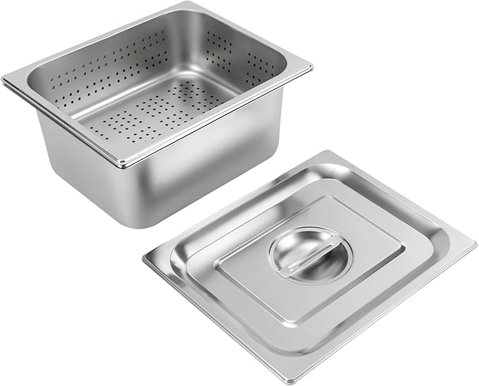 1 Set 1/2 Size Stainless Steel Steam Hotel Pan Steam Table Pan Food Service Pan for Party Kitchen Restaurant Hotel w/Perforated Pan + Lid