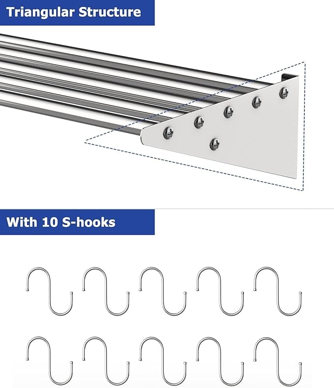 Floating Shelves for Wall NSF Commercial Wall Shelf 12 x 36 Shelf Pot Rack with Backsplash &amp 10 Hooks Stainless Steel Floating Shelves for Hanging Pots Pans Cookware