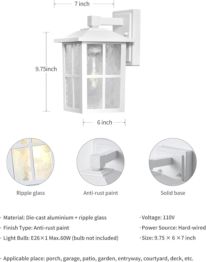 KDG Outdoor Waterproof Patio Wall Light Fixtures Set of 2 White E26 Socket Exterior Lanterns with Tempered Glass Modern Wall Mounted Lamp Suitable for Home Front Door Garden Garage Porch