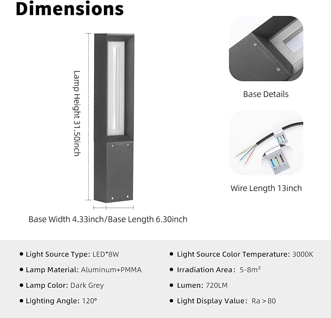 Outdoor Path Light 31.5 Pathway Walkway Lights Hard Wired Waterproof Landscape LED Bollard Lighting Yard Lawn Lamp 3000K Ground Lantern Outside for Garden Sidewalk Patio Decoration