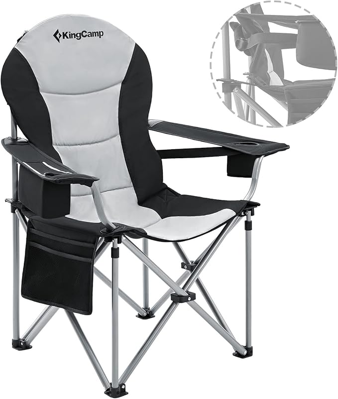 KingCamp Folding Portable Camping Chairs Oversized Padded Quad Arm Chair with Cooler Bag Cup Holder and Side Pocket Heavy Duty Supports 300 lbs for Outdoor Lawn Fishing Sports