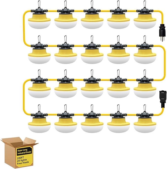 New 200FT Construction String Lights LED Industrial Grade Best for Construction SitesRenovation WalkwaysPatioMine caveOutdoor Lighting Solutions UseFree for Climbing Hook 3Prong