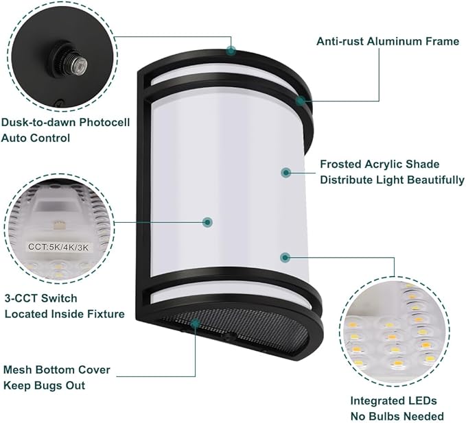 kadision Dusk to Dawn LED Wall Sconce 3000K/4000K/5000K 3-Color Adjustable 15W 1200lm 120V Half-Cylinder Outdoor Light Fixture Front Porch Light Aluminum Frame ETL Listed 1-Pack