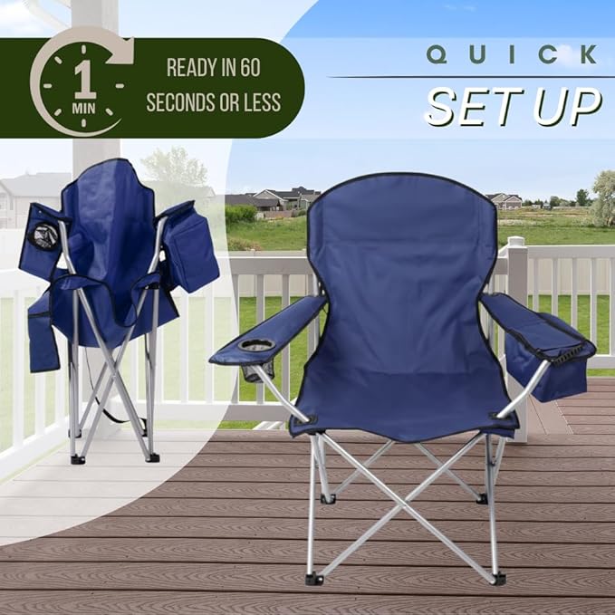 Pack of 4 Portable Lawn Chairs with Built-in Can Cooler Storage Pocket Carry Bag and Cup Holder Includes Carry Bag (4 Navy)